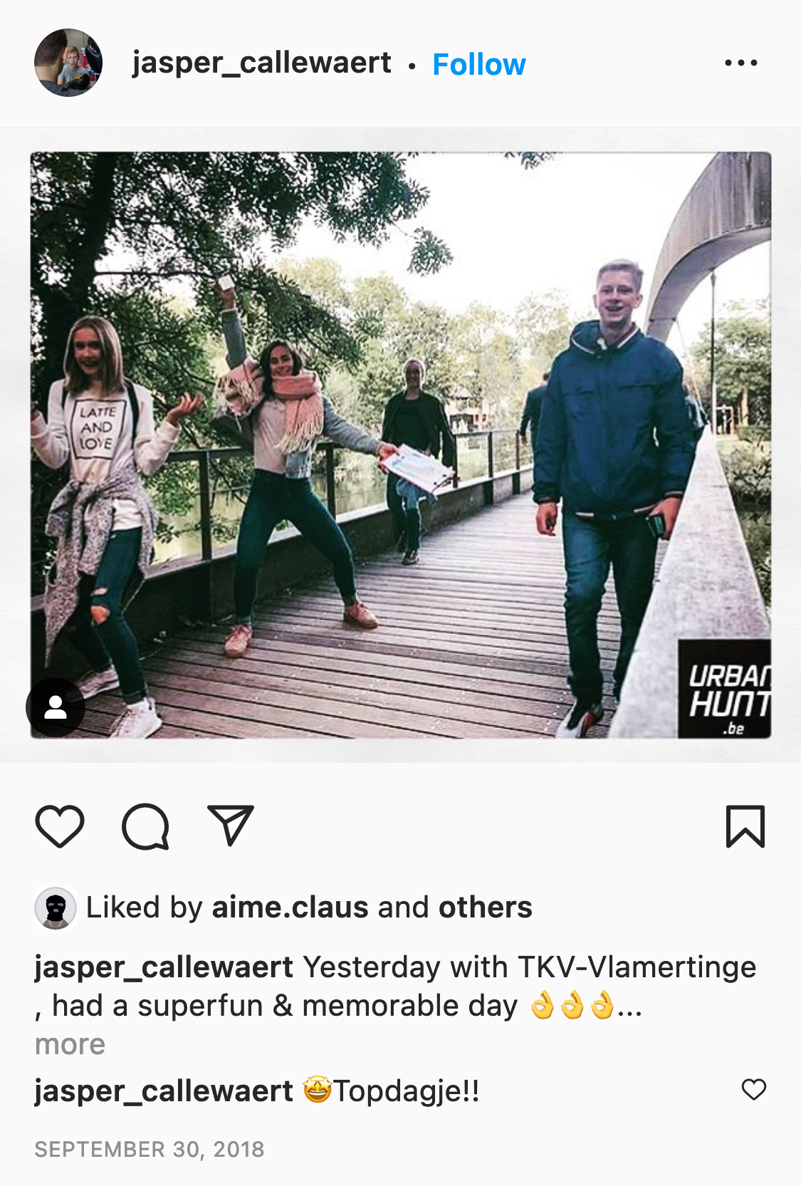 Een reactie over het stadsspel Urban Hunt van Jasper Callewaert: Yesterday with TKV-Vlamertinge, had a superfun & memorable day.
