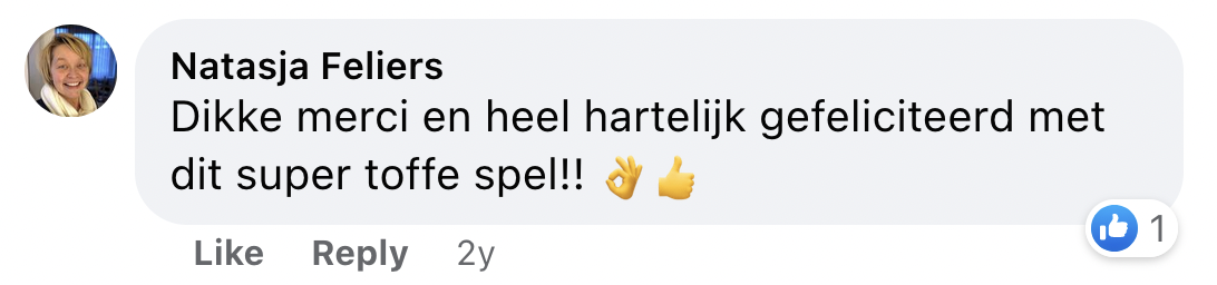 Een reactie over het stadsspel Urban Hunt van Natasja Feliers: Dikke merci en heel hartelijk gefeliciteerd met dit super toffe spel!! 👌👍