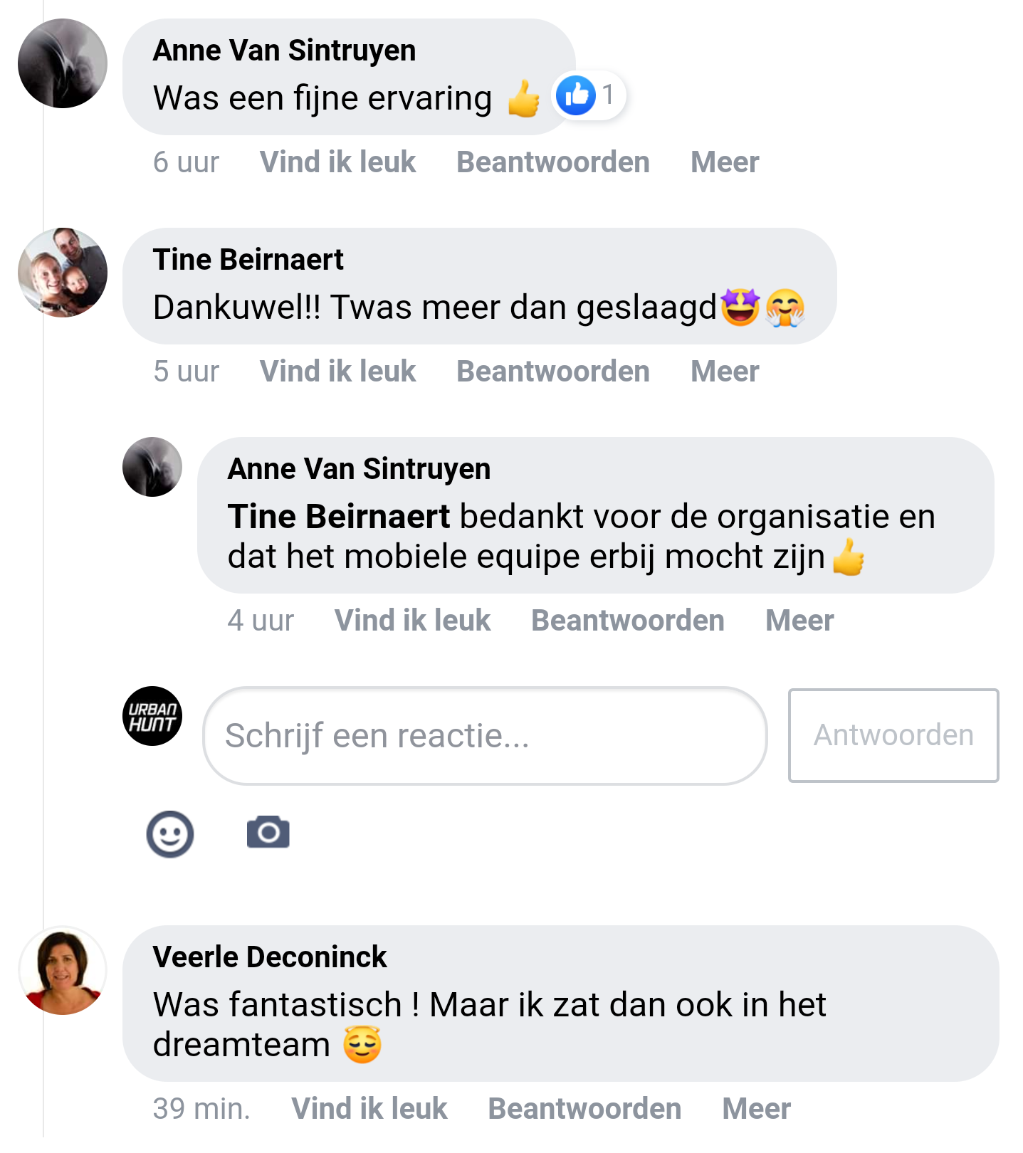 Een reactie over het stadsspel Urban Hunt van Anne, Tinne en Veerle: Was een fijne ervaring. Dankuwell! Twas meer dan geslaagd. Bedankt voor de organisatie en dat het mobiele equipe erbij mocht zijn. Was fantastisch | Maar ik zat dan ook in het dreamteam!