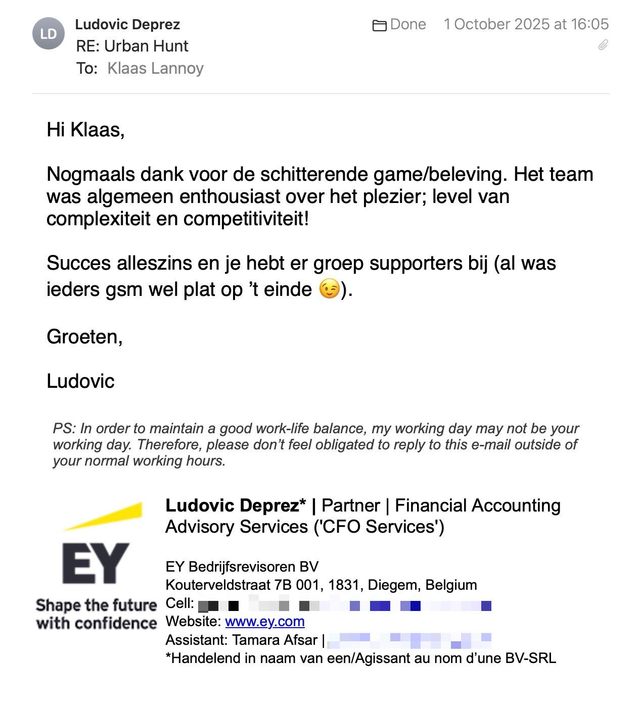 Een reactie over het stadsspel Urban Hunt van Ludovic Deprez: Hi Klaas,
Nogmaals dank voor de schitterende game/beleving. Het team was algemeen enthousiast over het plezier; level van complexiteit en competitiviteit!
Succes alleszins en je hebt er groep supporters bij (al was ieders gsm wel plat op ’t einde 😉).
Groeten,
Ludovic