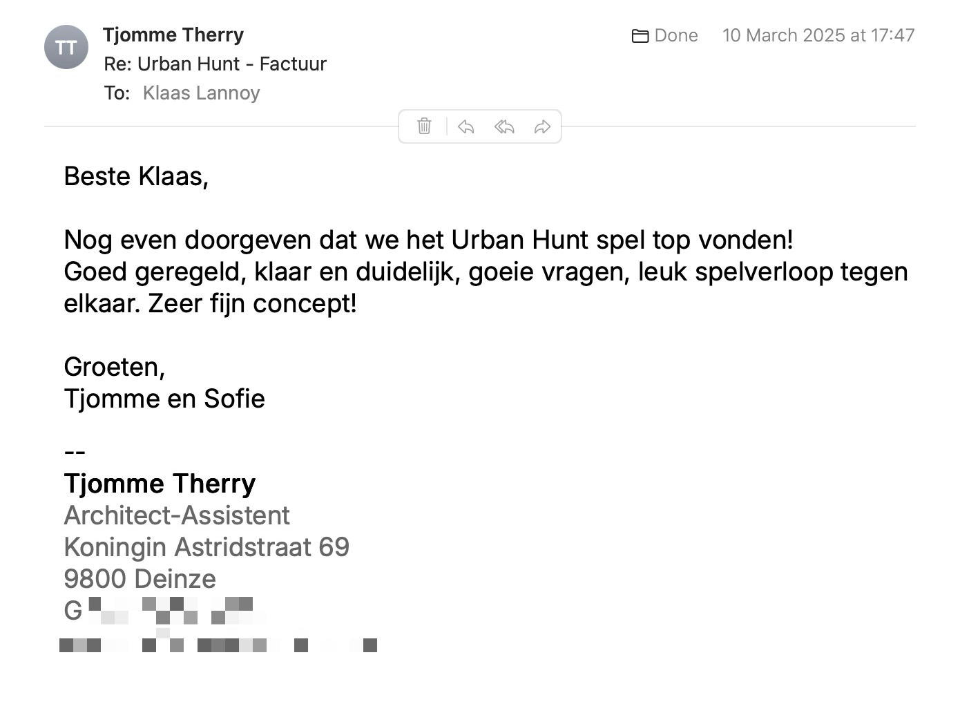 Een reactie over het stadsspel Urban Hunt van Tjomme Therry: Nog even doorgeven dat we het Urban Hunt spel top vonden!
Goed geregeld, klaar en duidelijk, goeie vragen, leuk spelverloop tegen elkaar. Zeer fijn concept!