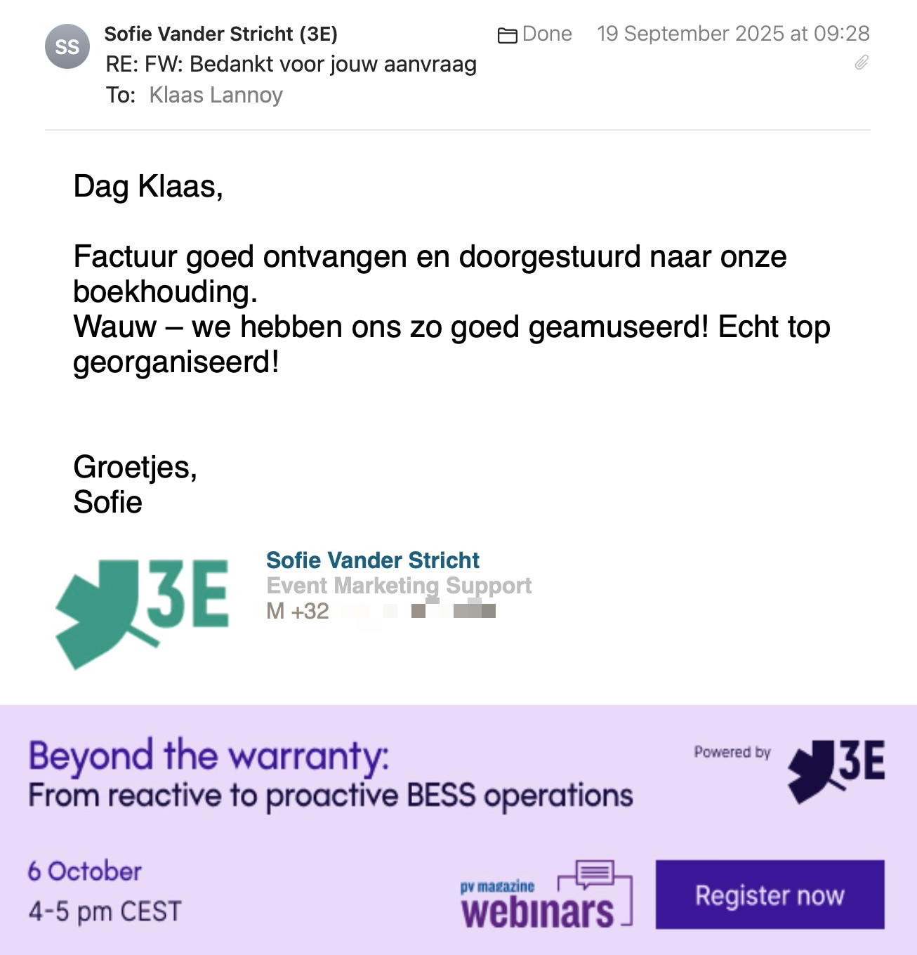 Een reactie over het stadsspel Urban Hunt van Sofie Vander Stricht: Dag Klaas,
 
Factuur goed ontvangen en doorgestuurd naar onze boekhouding.
Wauw – we hebben ons zo goed geamuseerd! Echt top georganiseerd!
 
Groetjes,
Sofie