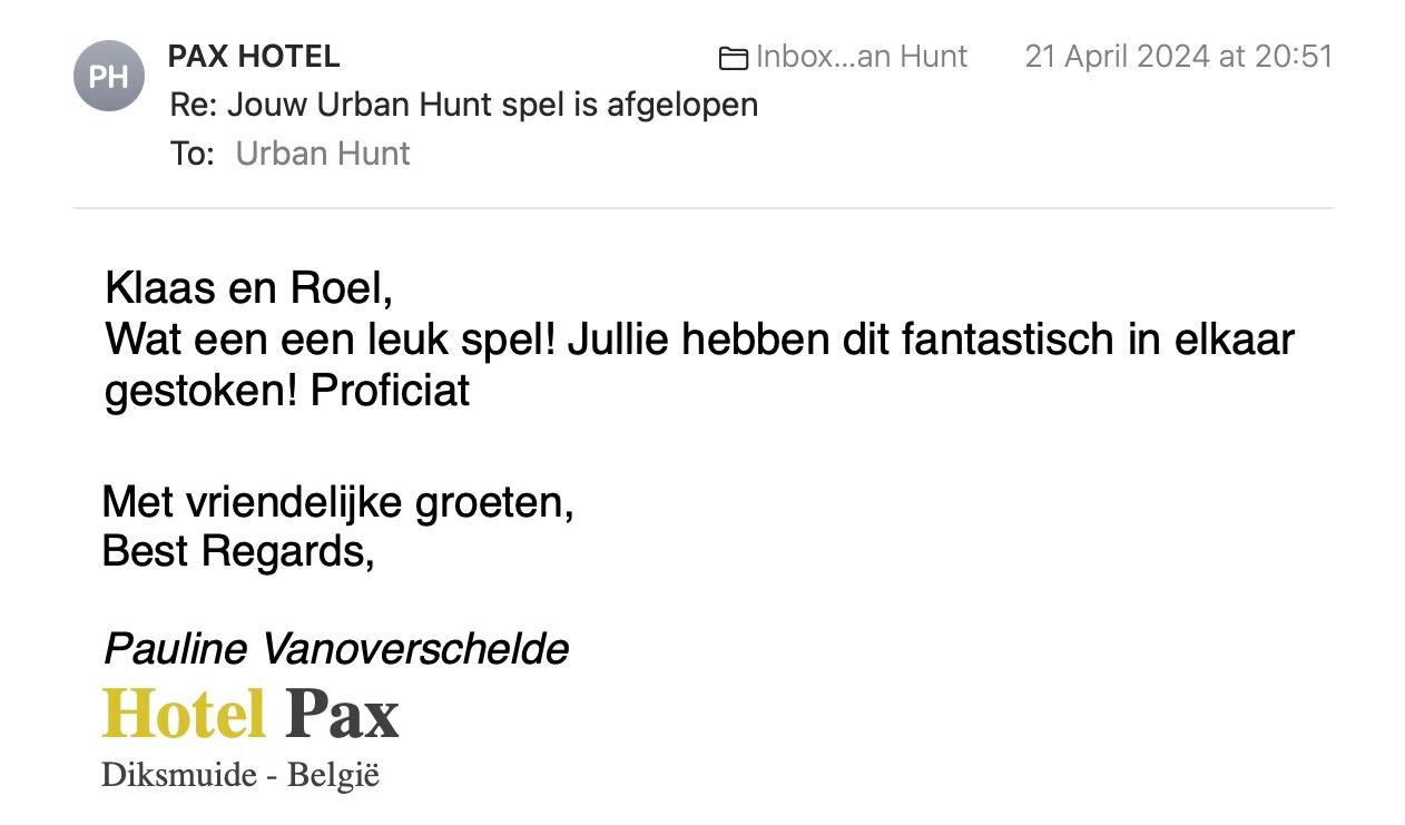 Een reactie over het stadsspel Urban Hunt van Pauline Vanoverschelde: Klaas en Roel,
Wat een een leuk spel! Jullie hebben dit fantastisch in elkaar gestoken! Proficiat