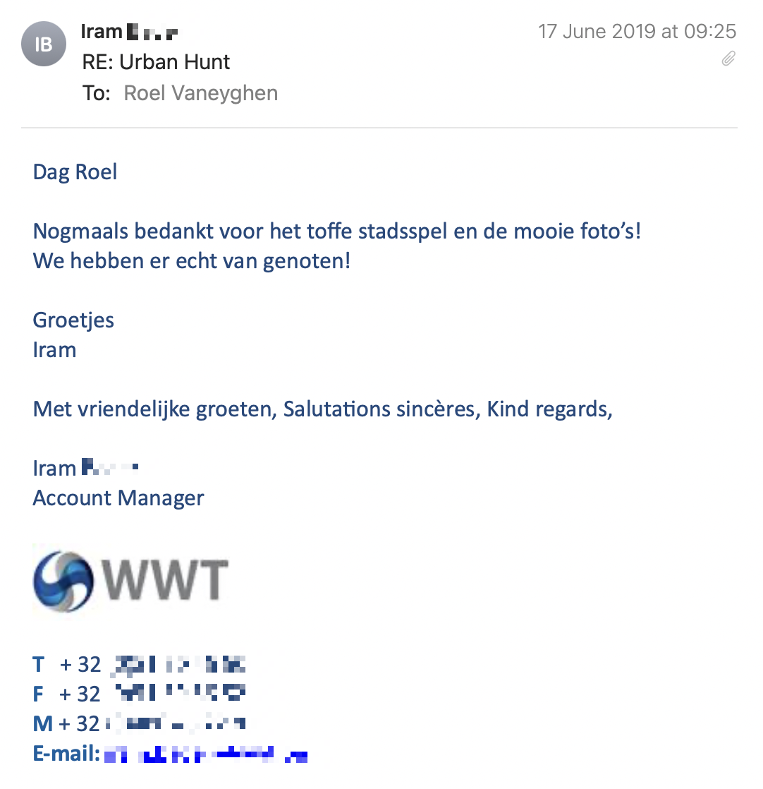 Een reactie over het stadsspel Urban Hunt van Iram: Nogmaals bedankt voor het toffe stadsspel en de mooie foto's! We hebben er echt van genoten!