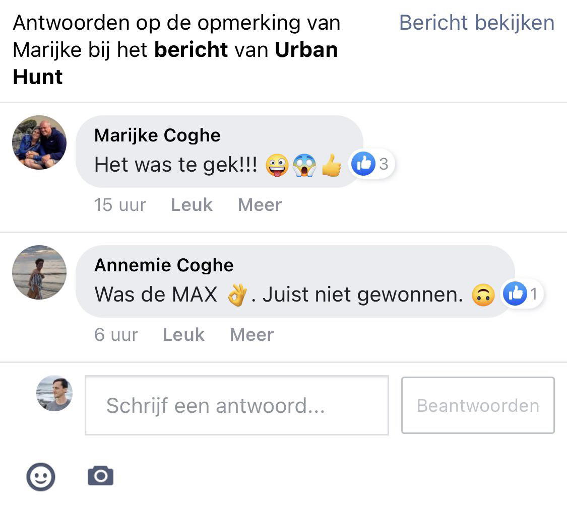 Een reactie over het stadsspel Urban Hunt van Marijke Coghe: Het was te gek!!! Was de MAX. Juist niet gewonnen.