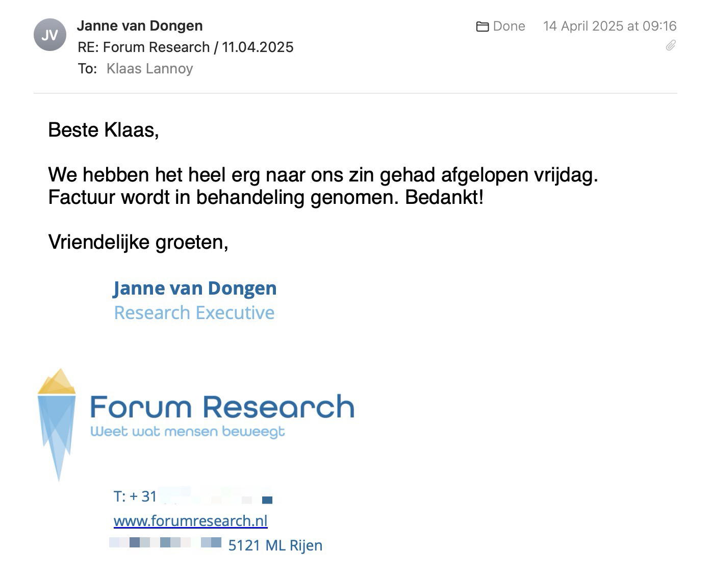 Een reactie over het stadsspel Urban Hunt van Janne van Dongen: We hebben het heel erg naar ons zin gehad afgelopen vrijdag.
Factuur wordt in behandeling genomen. Bedankt!