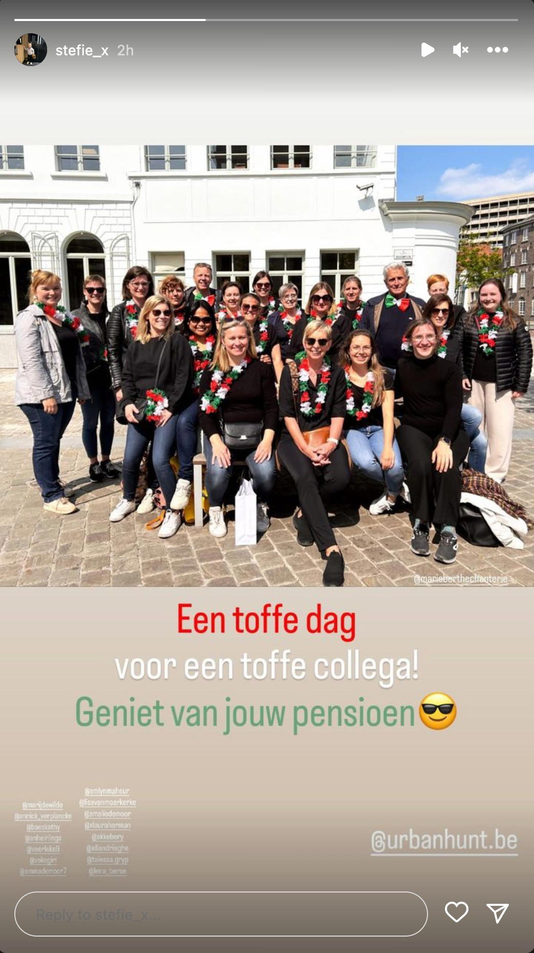 Een reactie over het stadsspel Urban Hunt van @stefie_x: Een toffe dag voor een toffe collega! Geniet van jouw pensioen.