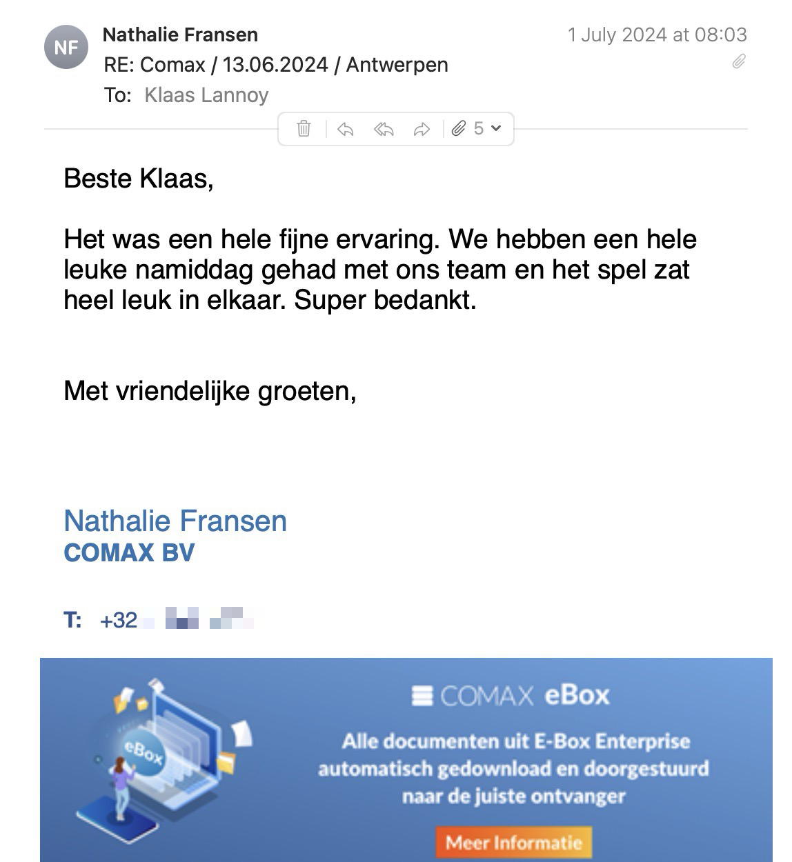Een reactie over het stadsspel Urban Hunt van Nathalie Fransen: Beste Klaas,
 
Het was een hele fijne ervaring. We hebben een hele leuke namiddag gehad met ons team en het spel zat heel leuk in elkaar. Super bedankt.