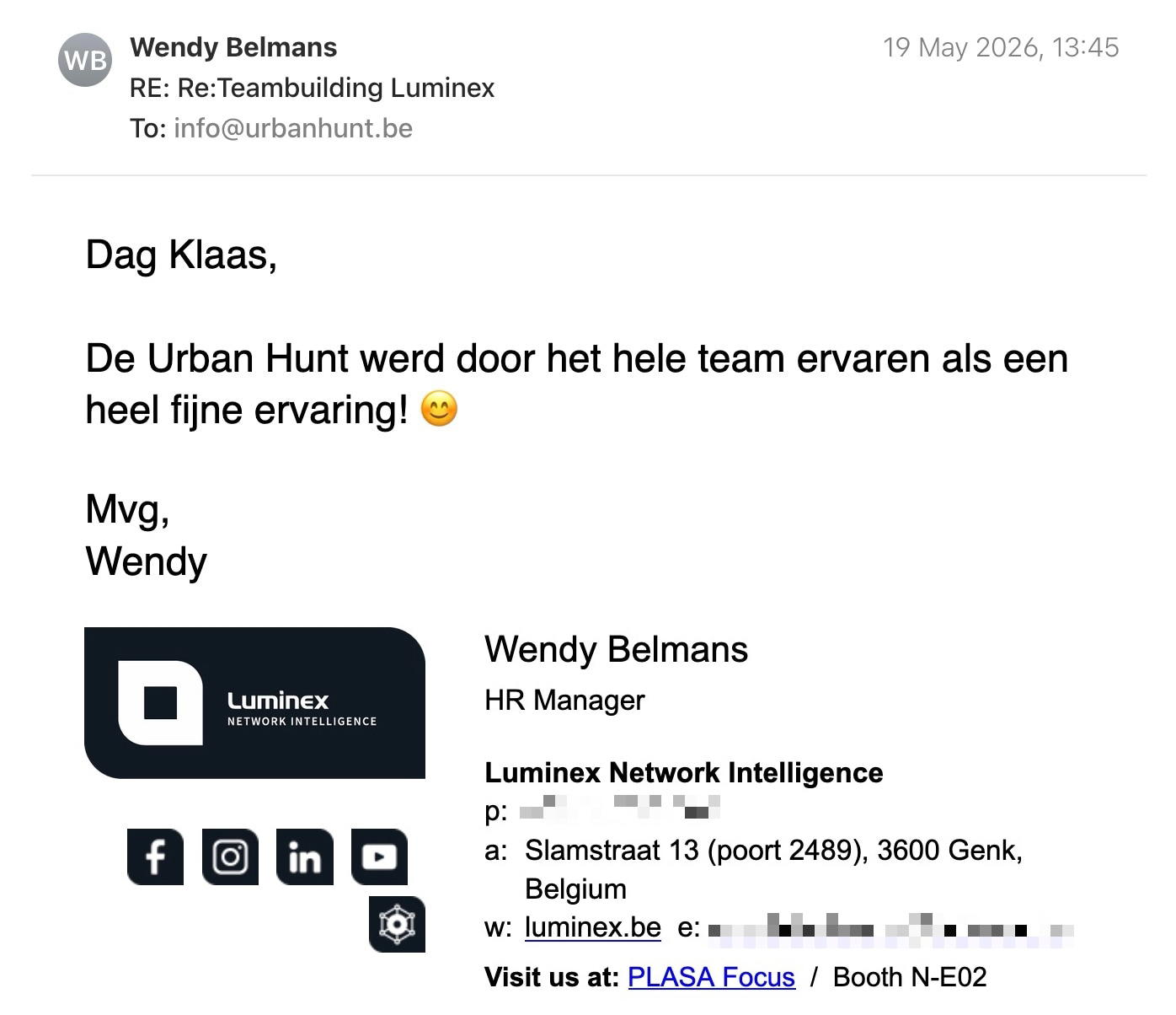 Een reactie over het stadsspel Urban Hunt van Wendy Belmans: Dag Klaas,
De Urban Hunt werd door het hele team ervaren als een heel fijne ervaring! 😊
Mvg,
Wendy