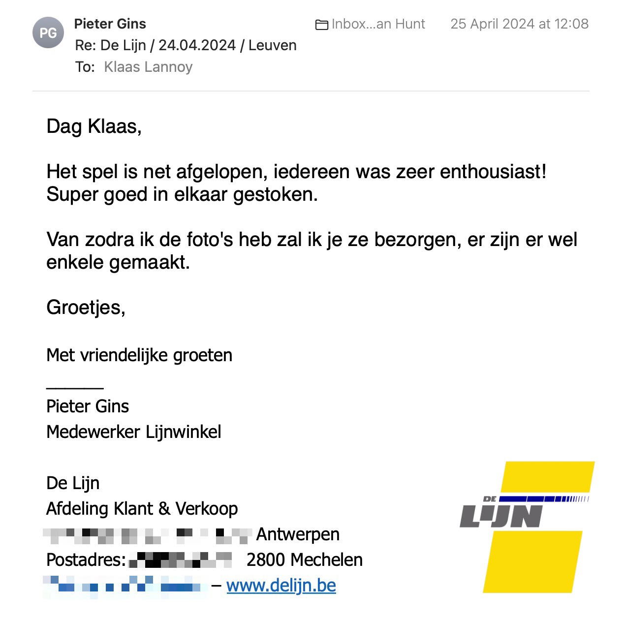 Een reactie over het stadsspel Urban Hunt van Pieter Gins: Het spel is net afgelopen, iedereen was zeer enthousiast! Super goed in elkaar gestoken.
Van zodra ik de foto's heb zal ik je ze bezorgen, er zijn er wel enkele gemaakt.