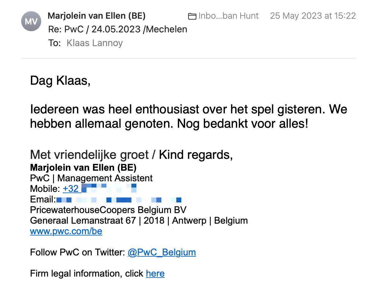 Een reactie over het stadsspel Urban Hunt van Marjolein van Ellen: ledereen was heel enthusiast over het spel gisteren. We hebben allemaal genoten. Nog bedankt voor alles!