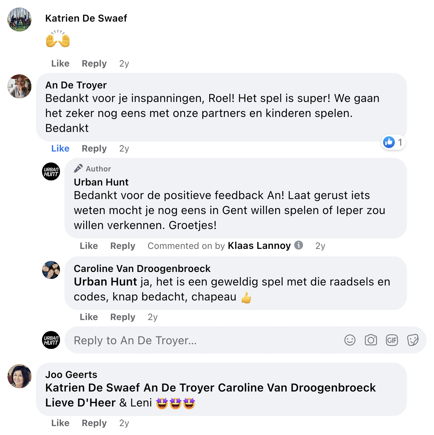 Een reactie over het stadsspel Urban Hunt van An De Troyer: Bedankt voor je inspanningen, Roel! Het spel is super! We gaan het zeker nog eens met onze partners spelen. Bedankt.