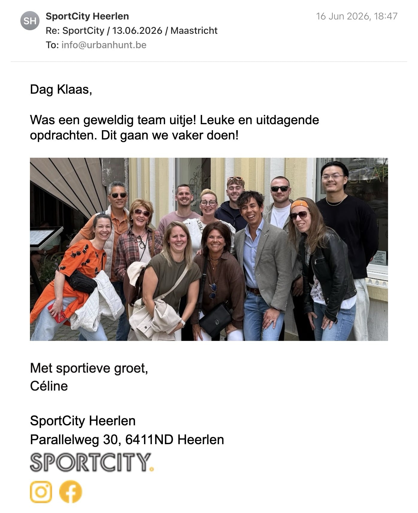 Een reactie over het stadsspel Urban Hunt van Céline Mertens: Was een geweldig team uitje! Leuke en uitdagende opdrachten. Dit gaan we vaker doen!