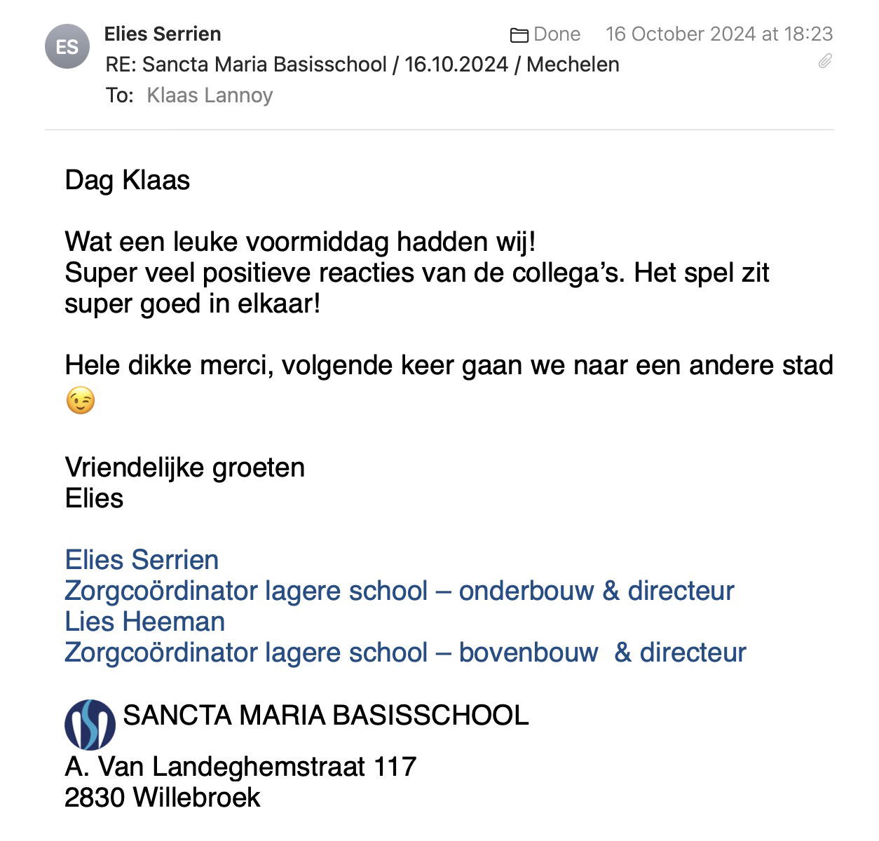 Een reactie over het stadsspel Urban Hunt van Elies Serrien: Wat een leuke voormiddag hadden wij!
Super veel positieve reacties van de collega’s. Het spel zit super goed in elkaar!
 
Hele dikke merci, volgende keer gaan we naar een andere stad 😉