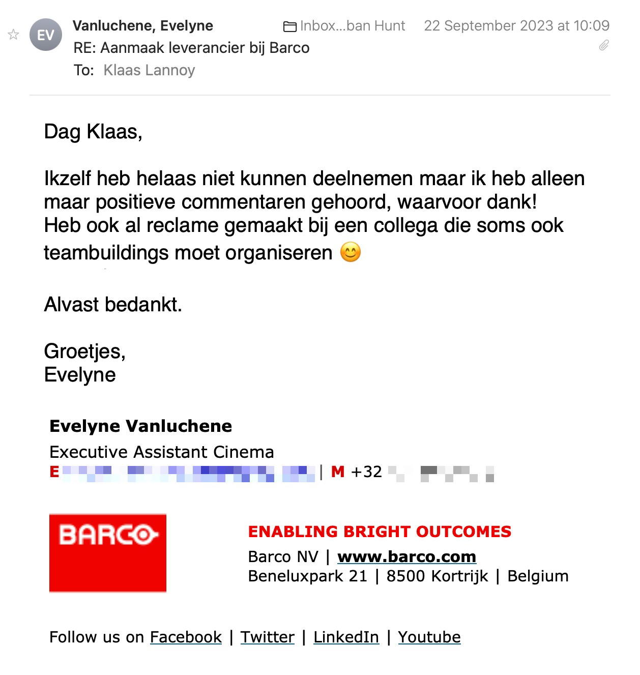 Een reactie over het stadsspel Urban Hunt van Vanluchene Evelyne: Bedankt voor de fijne ervaring afgelopen vrijdag. Het hele team heeft zich goed geamuseerd op het stadsspel in Mechelen. Voor herhaling vatbaar! :-)