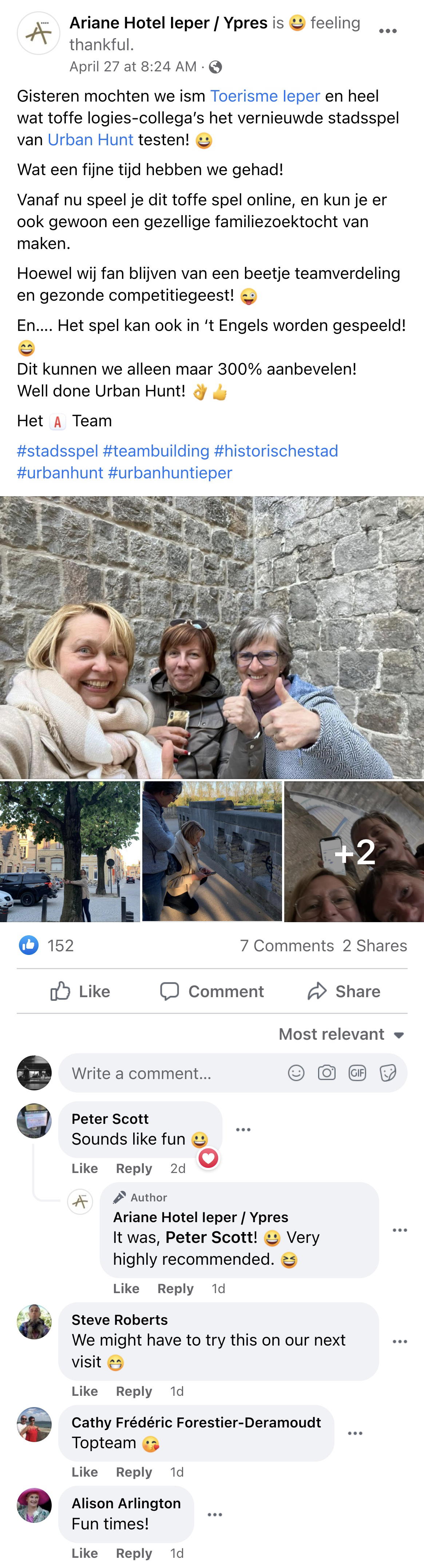 Een reactie over het stadsspel Urban Hunt van Ariane hotel Ieper: Gisteren mochten we ism Toerisme Ieper en heel wat toffe logies-collega’s het vernieuwde stadsspel van Urban Hunt testen! 😀
Wat een fijne tijd hebben we gehad! 
Vanaf nu speel je dit toffe spel online, en kun je er ook gewoon een gezellige familiezoektocht van maken.
Hoewel wij fan blijven van een beetje teamverdeling en gezonde competitiegeest! 😜
En…. Het spel kan ook in ‘t Engels worden gespeeld! 😄
Dit kunnen we alleen maar 300% aanbevelen! 
Well done Urban Hunt! 👌👍
Het 🅰️ Team
#stadsspel #teambuilding #historischestad #urbanhunt #urbanhuntieper