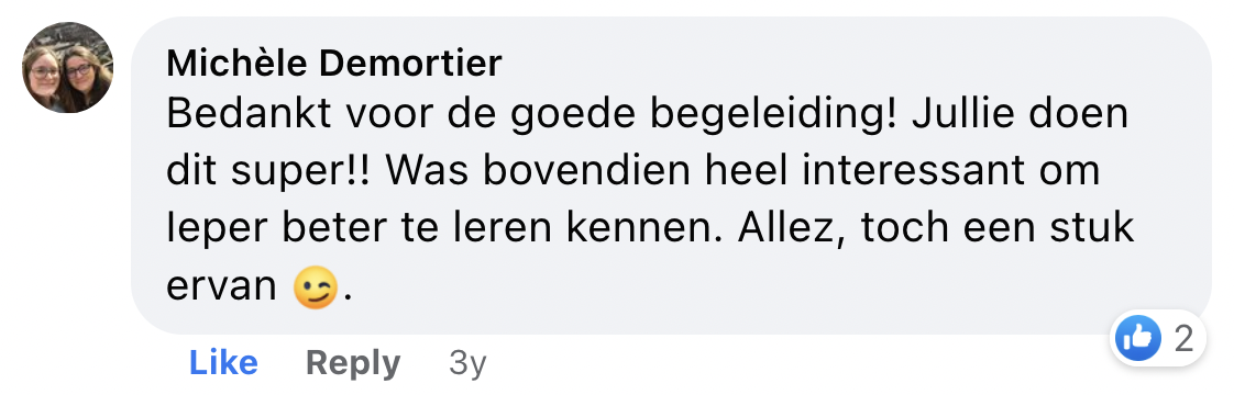 Een reactie over het stadsspel Urban Hunt van Michèle Demortier: Bedankt voor de goede begeleiding! Jullie doen dit super!! Was bovendien heel interessant om Ieper beter te leren kennen. Allez, toch een stuk ervan ;-).