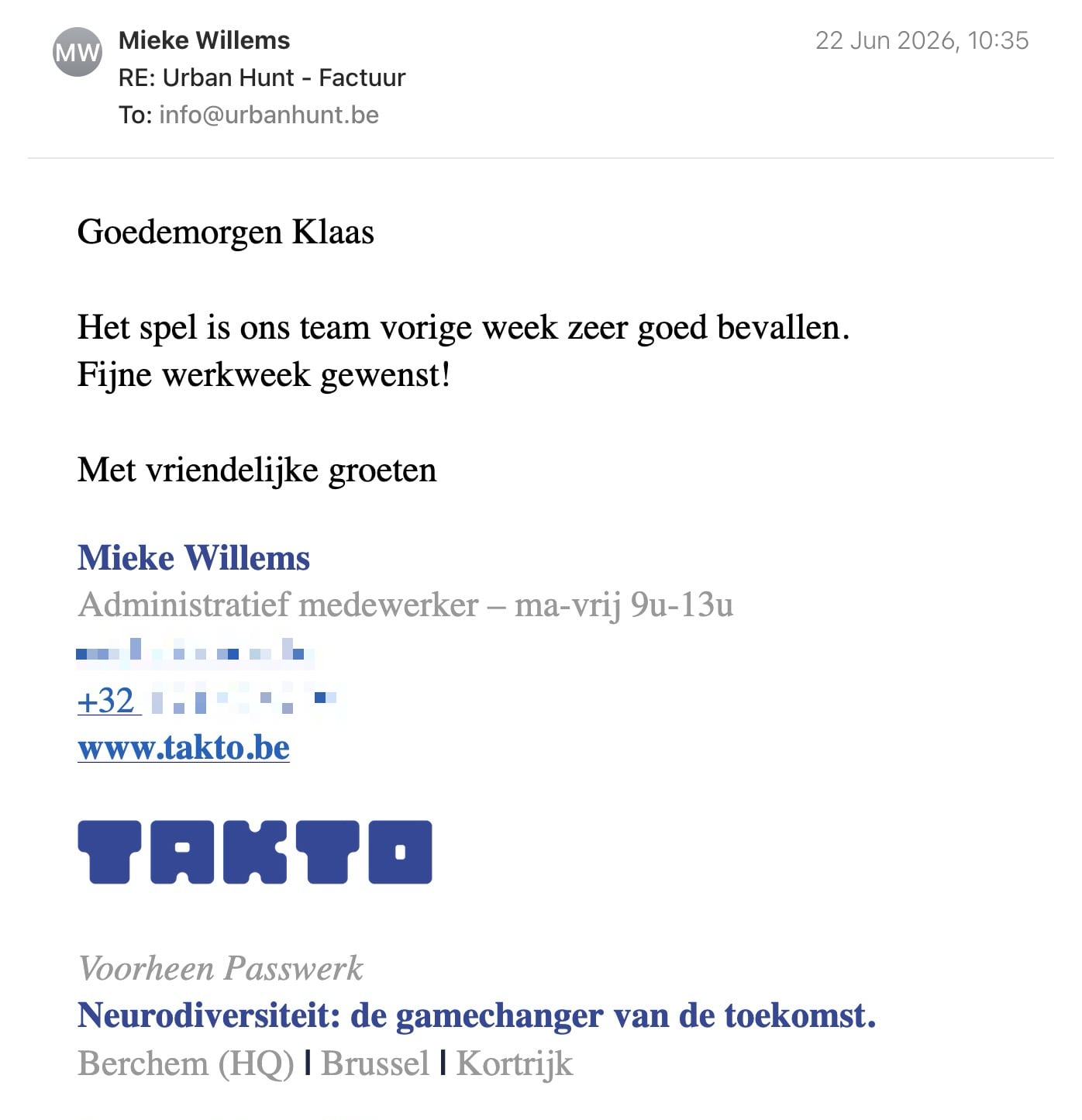 Een reactie over het stadsspel Urban Hunt van Mieke Willems: Goedemorgen Klaas

Het spel is ons team vorige week zeer goed bevallen.
Fijne werkweek gewenst!

Met vriendelijke groeten

Mieke Willems
