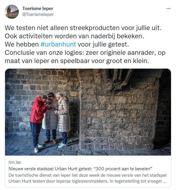 Een reactie over het stadsspel Urban Hunt van Toerisme Ieper: We testen niet alleen streekproducten voor jullie uit. Ook activiteiten worden van naderbij bekeken.
We hebben #urbanhunt voor jullie getest.
Conclusie van onze logies: zeer originele aanrader, op maat van Ieper en speelbaar voor groot en klein.