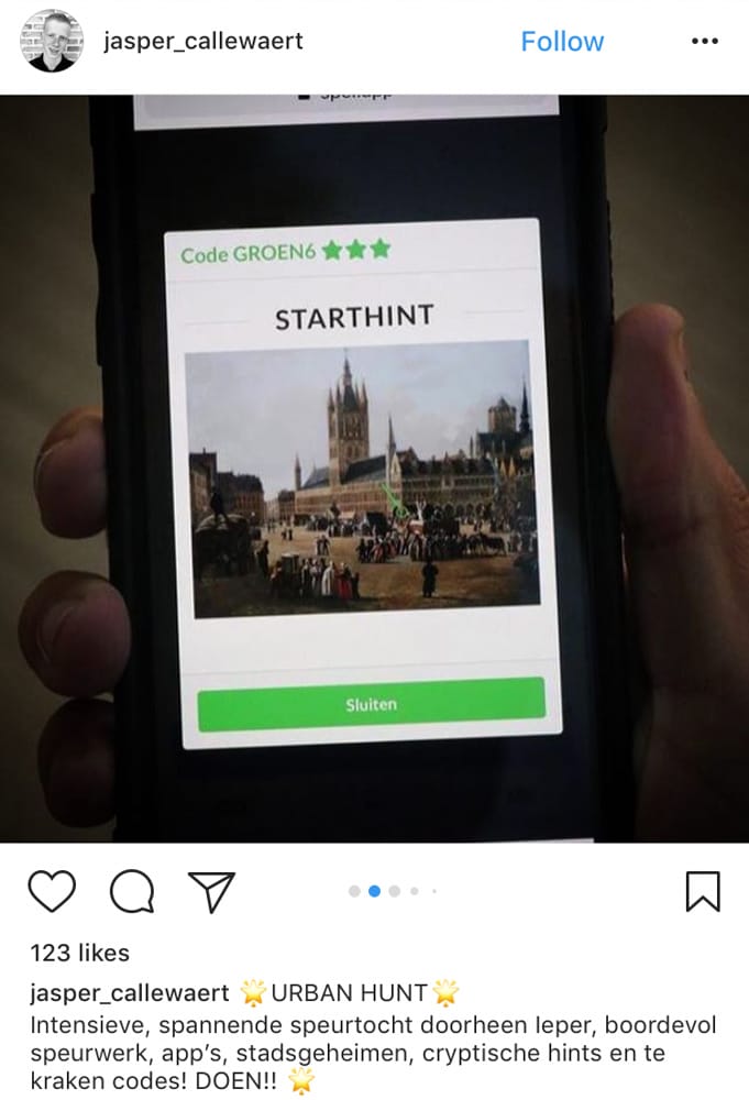 Een reactie over het stadsspel Urban Hunt van Jasper Callewaert: ⭐️ URBAN HUNT ⭐️ Intensive, spannende speurtocht doorheen leper, boordevol speurwerk, app's, stadsgeheimen, cryptische hints en te kraken codes! DOEN!!