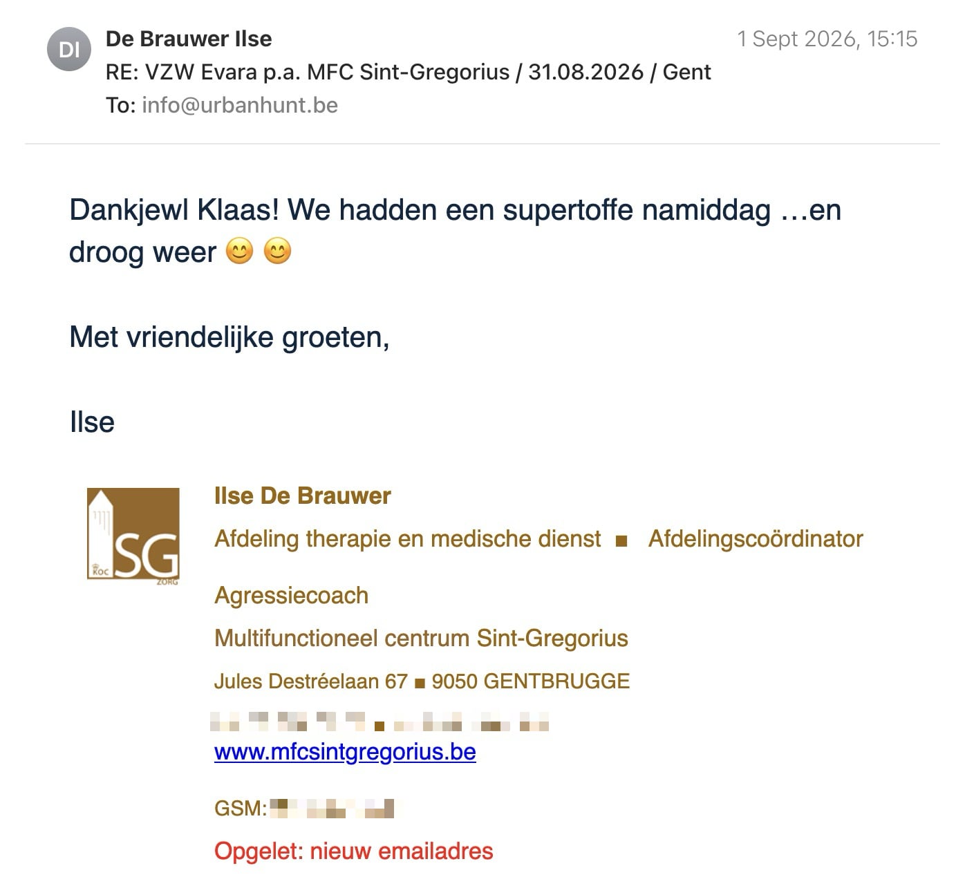 Een reactie over het stadsspel Urban Hunt van Ilse De Brauwer: Dankjewl Klaas! We hadden een supertoffe namiddag …en droog weer 😊 😊

Met vriendelijke groeten, 

Ilse