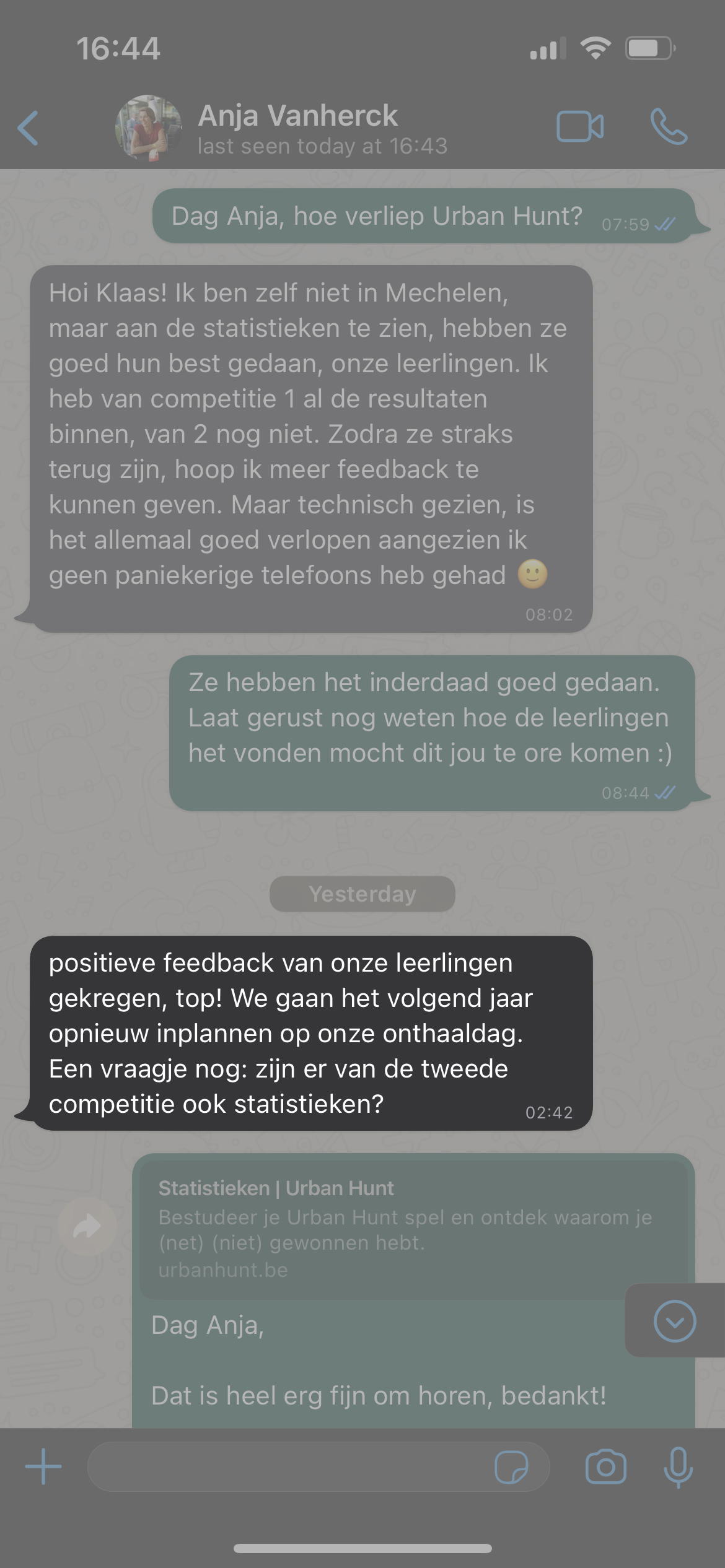 Een reactie over het stadsspel Urban Hunt van Anja Vanherck: positieve feedback van onze leerlingen gekregen, top! We gaan het volgend jaar opnieuw inplannen op onze onthaaldag. Een vraagje nog: zijn er van de tweede competitie ook statistieken?