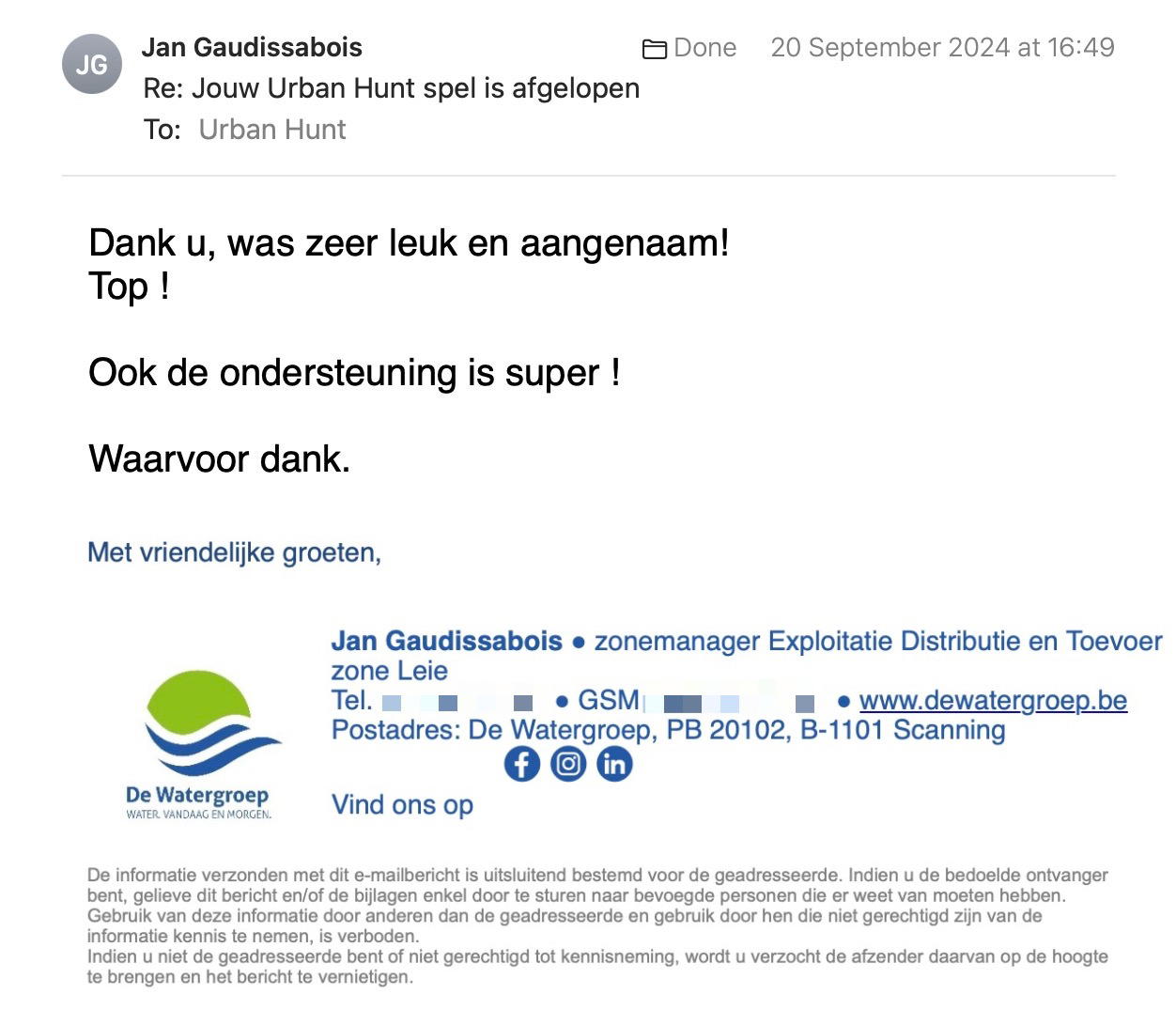 Een reactie over het stadsspel Urban Hunt van Jan Gaudissabois: Dank u, was zeer leuk en aangenaam!
Top !

Ook de ondersteuning is super !

Waarvoor dank.