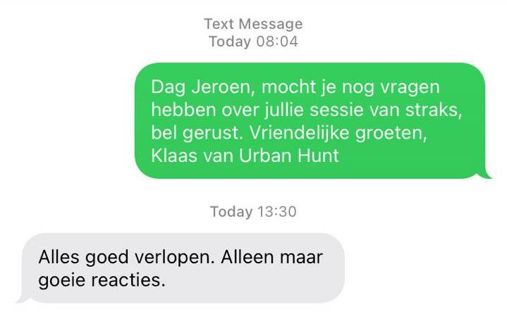 Een reactie over het stadsspel Urban Hunt van Jeroen: Alles goed verlopen. Alleen maar goeie reacties.