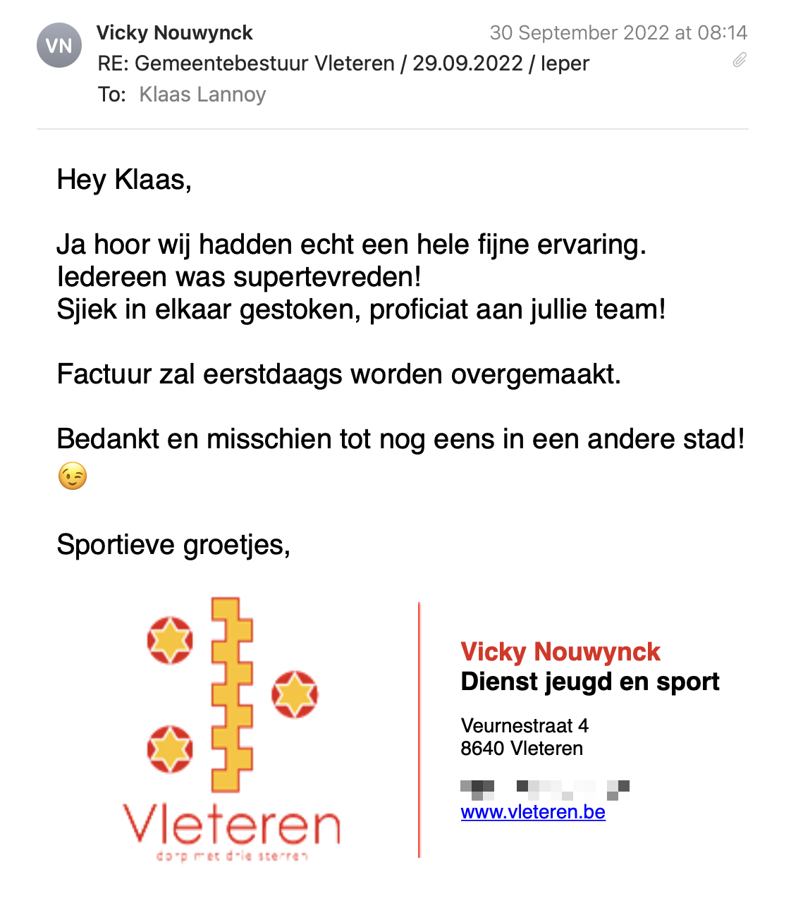 Een reactie over het stadsspel Urban Hunt van Vicky Nouwynck: Ja hoor wij hadden echt een hele fijne ervaring. Iedereen was supertevreden!
Sjiek in elkaar gestoken, proficiat aan jullie team!
Factuur zal eerstdaags worden overgemaakt. Bedankt en misschien tot nog eens in een andere stad!