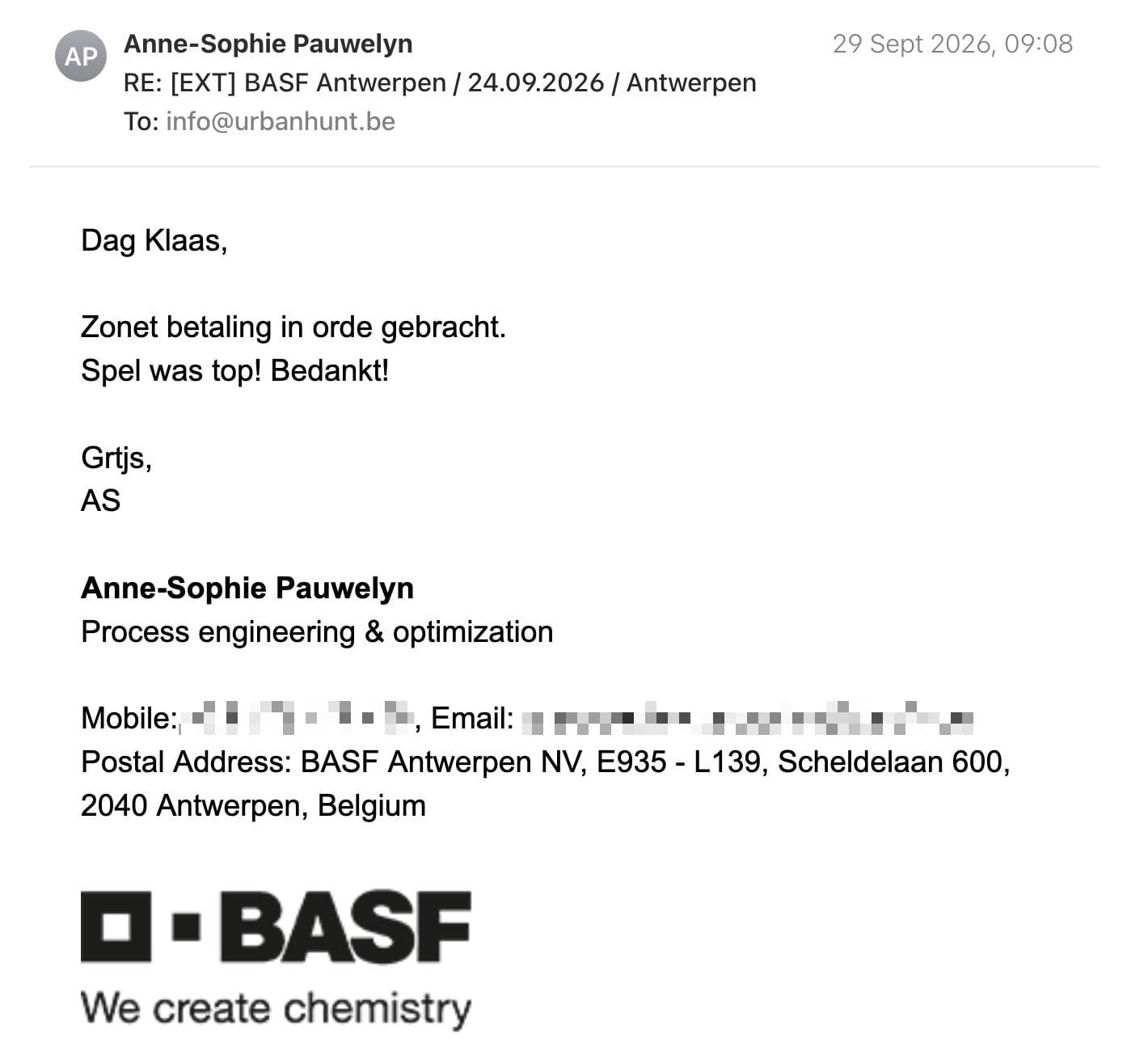 Een reactie over het stadsspel Urban Hunt van Anne-Sophie Pauwelyn: Dag Klaas,


Zonet betaling in orde gebracht.

Spel was top! Bedankt!

Grtjs,

AS