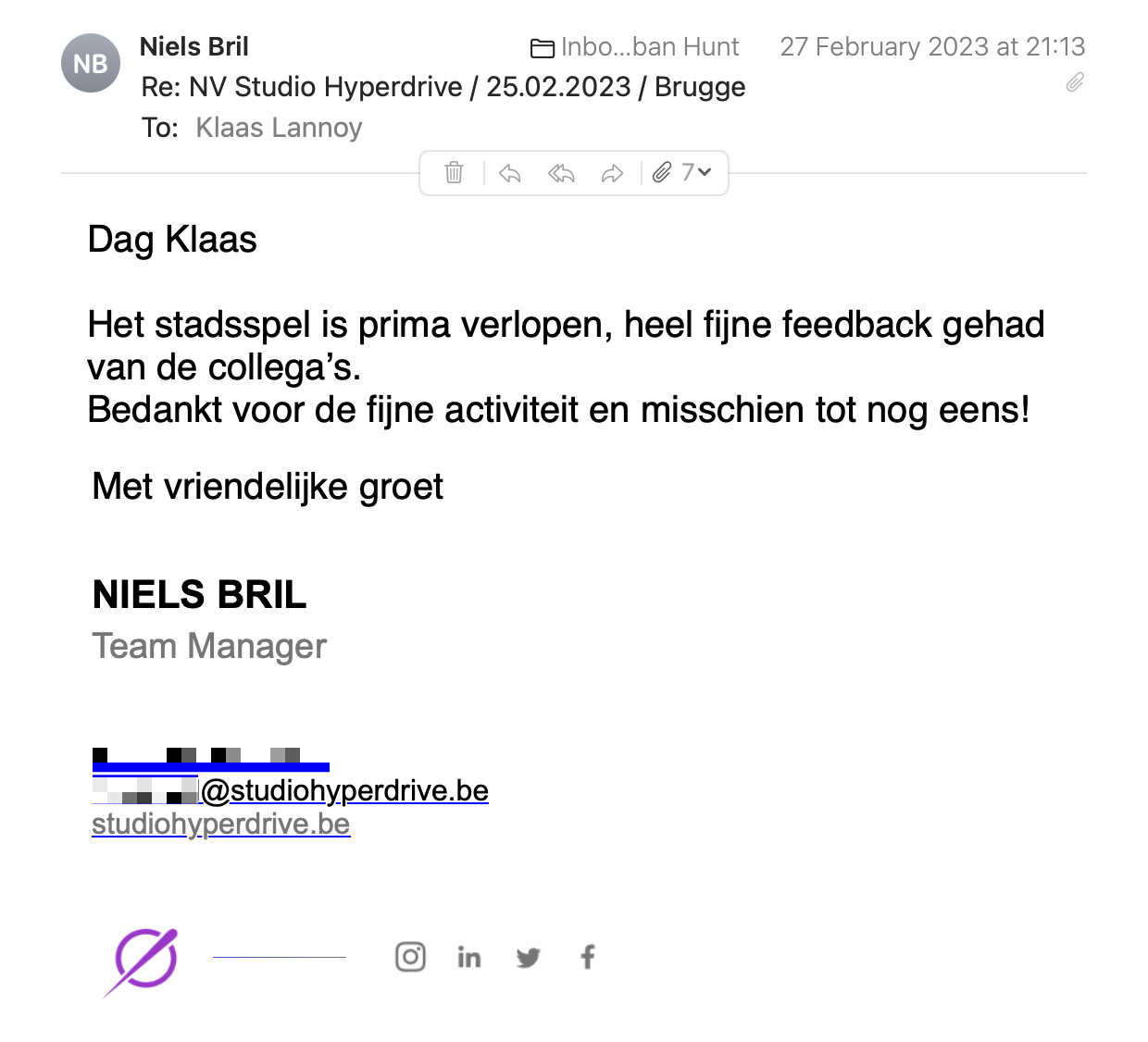 Een reactie over het stadsspel Urban Hunt van Niels Bril: Het stadsspel is prima verlopen, heel fijne feedback gehad van de collega’s. Bedankt voor de fijne activiteit en misschien tot nog eens!