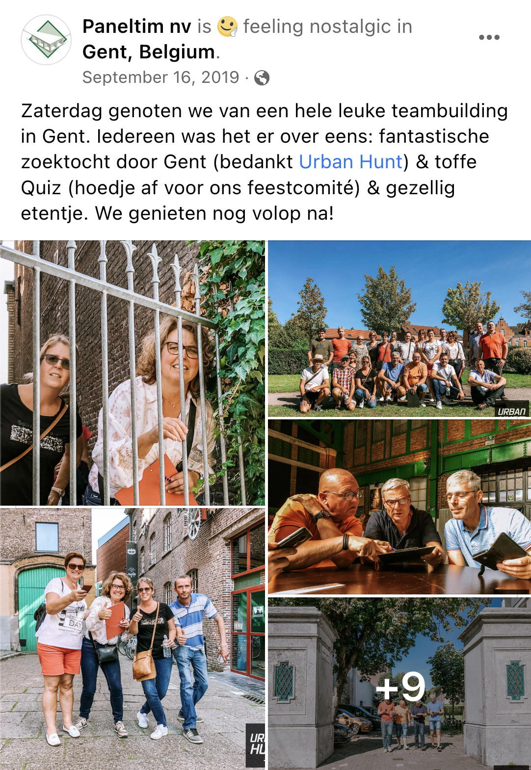 Een reactie over het stadsspel Urban Hunt van Paneltim NV: Zaterdag genoten we van een hele leuke teambuilding in Gent. Iedereen was het er over eens: fantastische zoektocht door Gent (bedankt Urban Hunt) & toffe Quiz (hoedje af voor ons feestcomité) & gezellig etentje. We genieten nog volop na!
