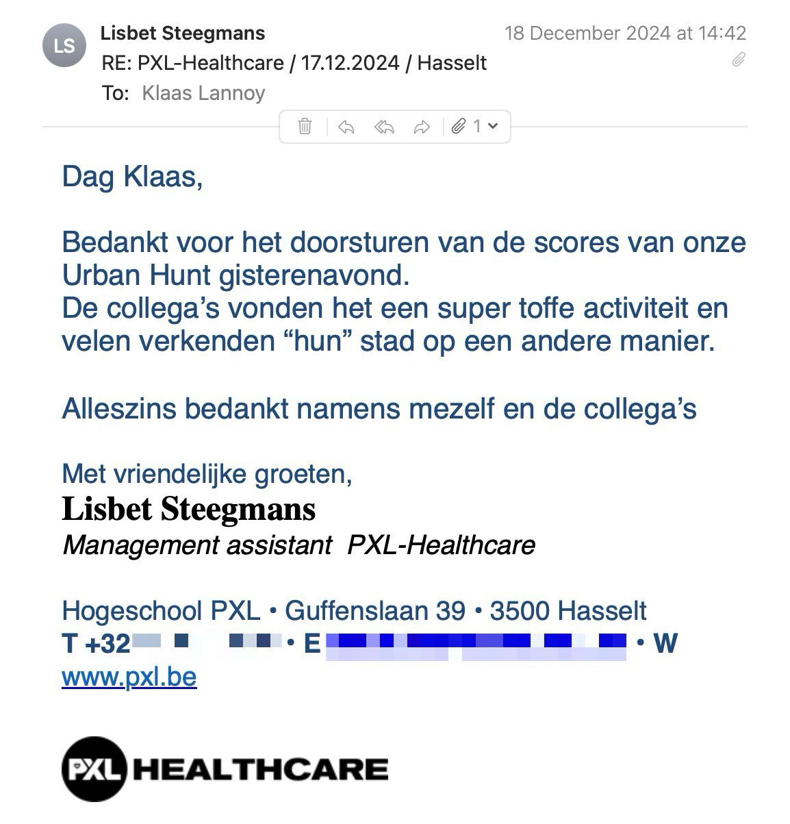 Een reactie over het stadsspel Urban Hunt van Lisbet Steegmans: Bedankt voor het doorsturen van de scores van onze Urban Hunt gisterenavond.
De collega’s vonden het een super toffe activiteit en velen verkenden “hun” stad op een andere manier.
