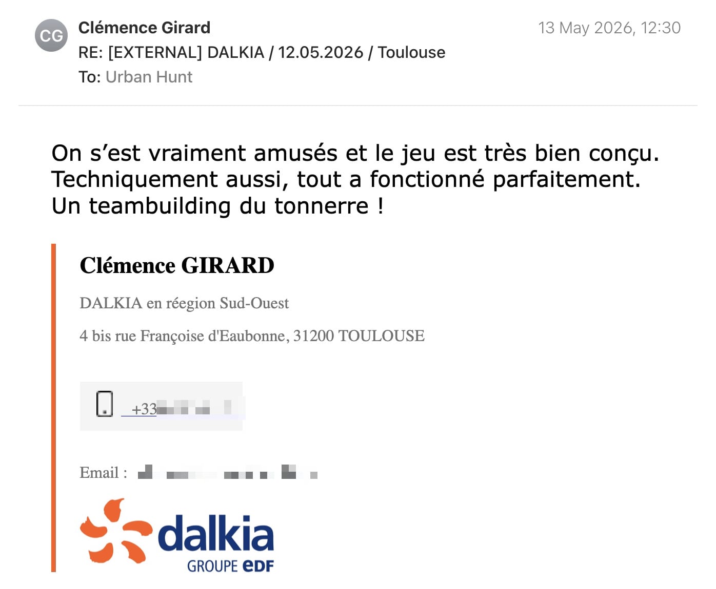 Een reactie over het stadsspel Urban Hunt van Clémence Girard: On s’est vraiment amusés et le jeu est très bien conçu. Techniquement aussi, tout a fonctionné parfaitement.
Un teambuilding du tonnerre !