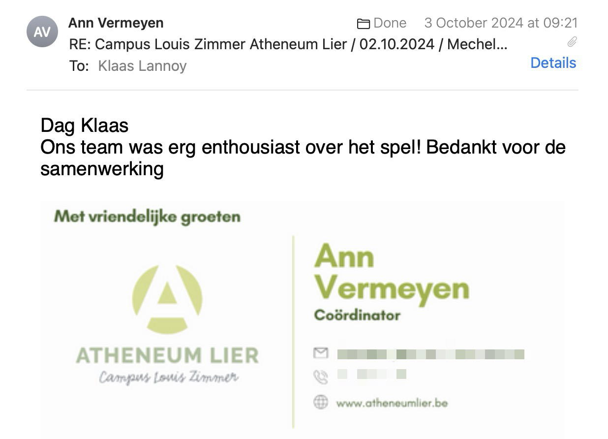Een reactie over het stadsspel Urban Hunt van Ann Vermeyen: Dag Klaas
Ons team was erg enthousiast over het spel! Bedankt voor de samenwerking