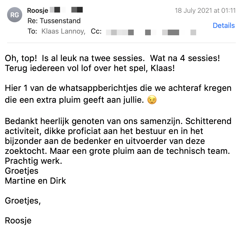 Een reactie over het stadsspel Urban Hunt van Roosje Goemaere: Oh, top!  Is al leuk na twee sessies.  Wat na 4 sessies! Terug iedereen vol lof over het spel, Klaas!