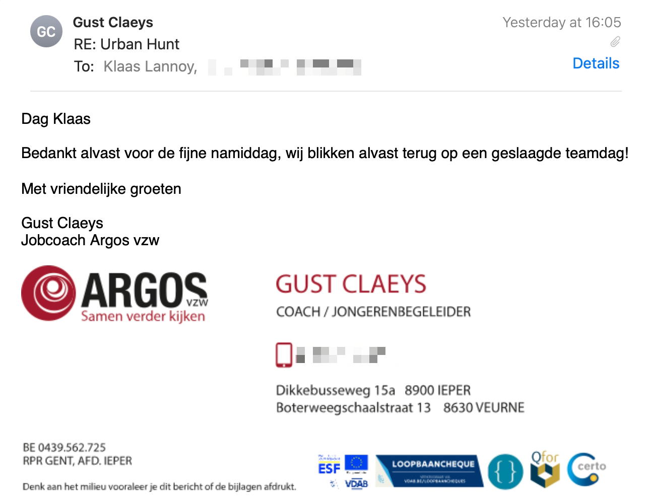 Een reactie over het stadsspel Urban Hunt van Gust Claeys: Bedankt alvast voor de fijne namiddag, wij blikken alvast terug op een geslaagde teamdag!