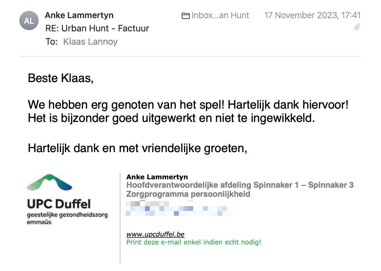 Een reactie over het stadsspel Urban Hunt van Anke Lammertyn: We hebben erg genoten van het spel! Hartelijk dank hiervoor! Het is bijzonder goed uitgewerkt en niet te ingewikkeld.