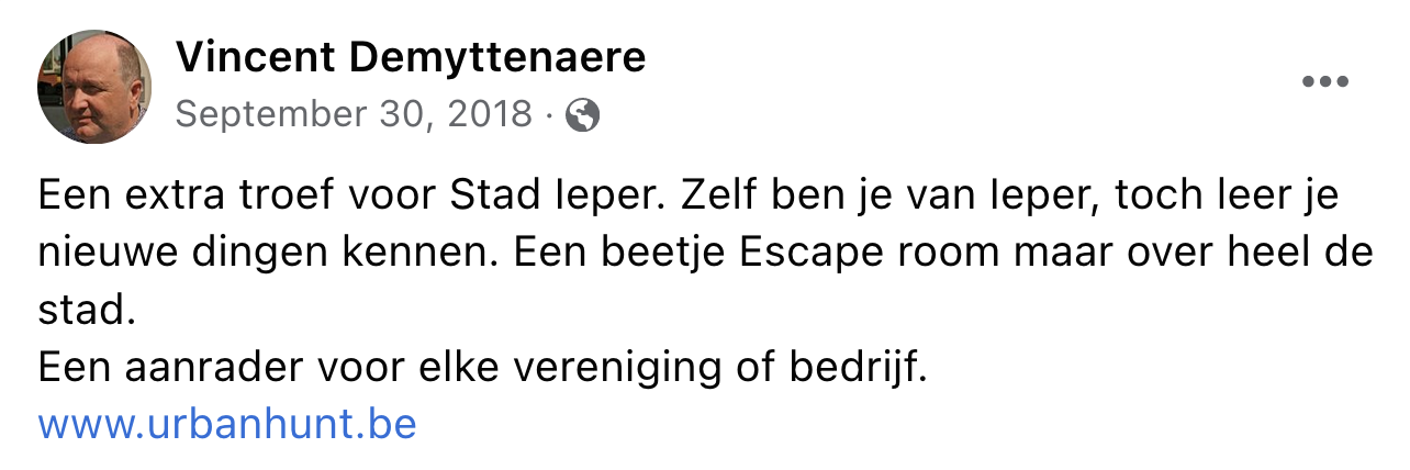 Een reactie over het stadsspel Urban Hunt van Vincent Demyttenaere: Een extra troef voor Stad leper. Zelf ben je van leper, toch leer je nieuwe dingen kennen. Een beetje Escape room maar over heel de stad. Een aanrader voor elke vereniging of bedrijf.