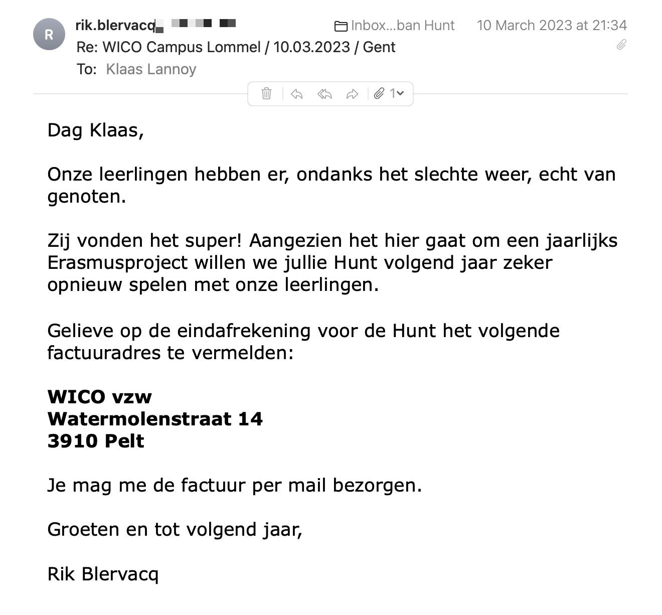 Een reactie over het stadsspel Urban Hunt van Rik Blervacq: Onze leerlingen hebben er, ondanks het slechte weer, echt van genoten. Zij vonden het super! Aangezien het hier gaat om een jaarlijks Erasmusproject willen we jullie Hunt volgend jaar zeker opnieuw spelen met onze leerlingen.
