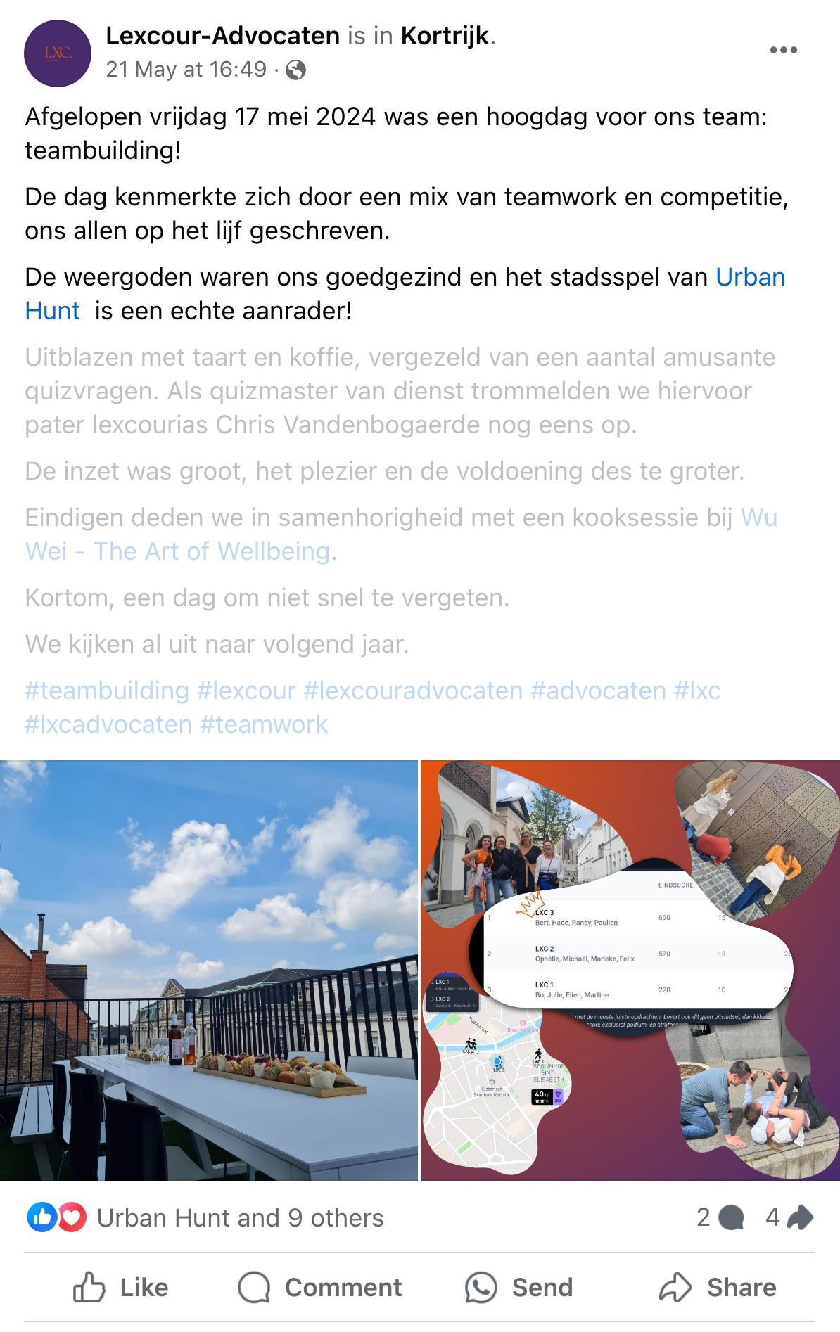 Een reactie over het stadsspel Urban Hunt van Lexcour-Advocaten: Afgelopen vrijdag 17 mei 2024 was een hoogdag voor ons team: teambuilding! 
De dag kenmerkte zich door een mix van teamwork en competitie, ons allen op het lijf geschreven. 
De weergoden waren ons goedgezind en het stadsspel van Urban Hunt  is een echte aanrader! 
Uitblazen met taart en koffie, vergezeld van een aantal amusante quizvragen. Als quizmaster van dienst trommelden we hiervoor pater lexcourias Chris Vandenbogaerde nog eens op. 
De inzet was groot, het plezier en de voldoening des te groter. 
Eindigen deden we in samenhorigheid met een kooksessie bij Wu Wei - The Art of Wellbeing.
Kortom, een dag om niet snel te vergeten. 
We kijken al uit naar volgend jaar. 
#teambuilding #lexcour #lexcouradvocaten #advocaten #lxc #lxcadvocaten #teamwork