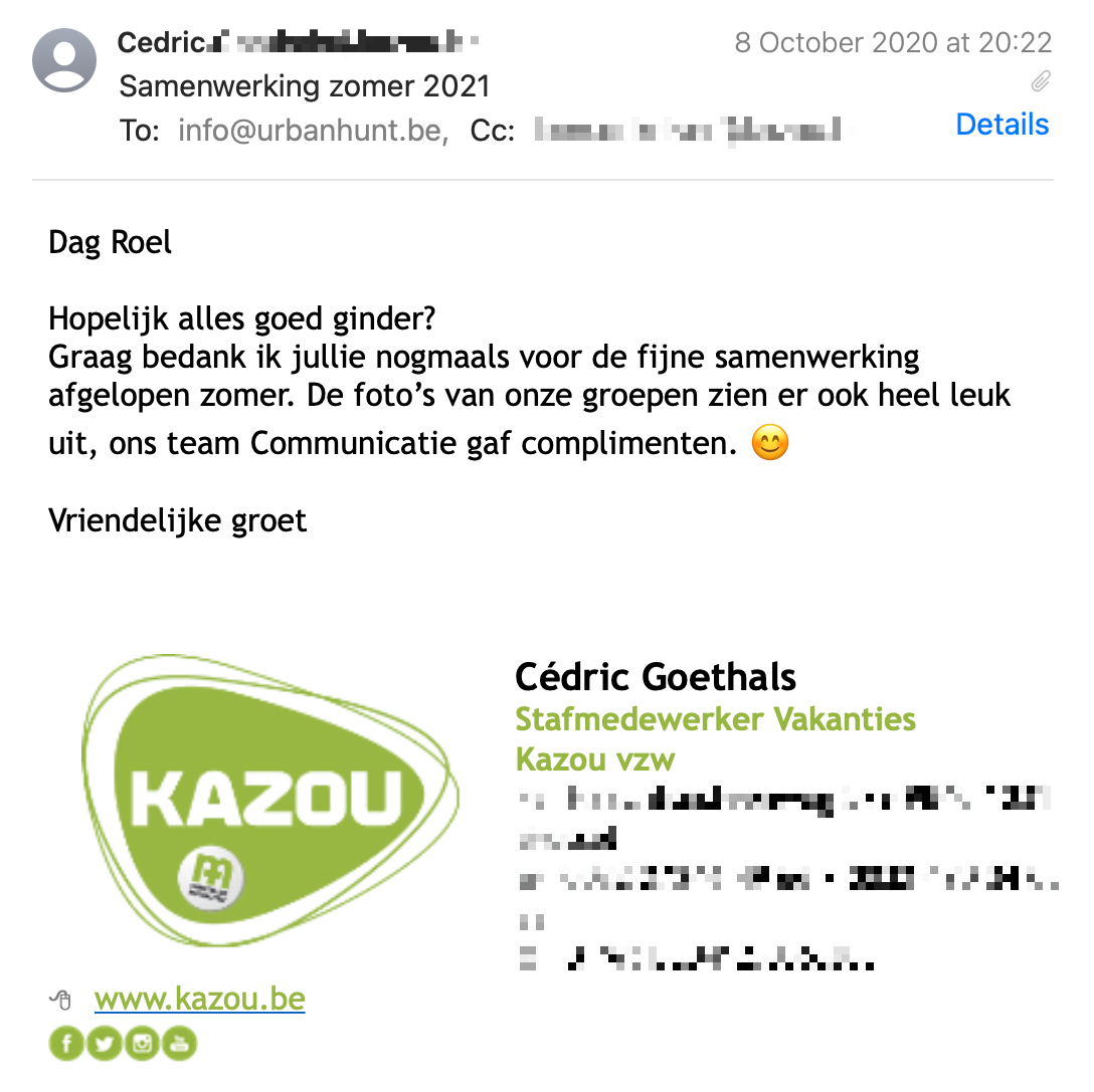 Een reactie over het stadsspel Urban Hunt van Cédric van Kazou: Een heel fijne activiteit in onze eigen stad leper! Actie, spanning, leute en vooral heel coronaproof! Heel goede organisatie, stadsspel Urban Hunt!