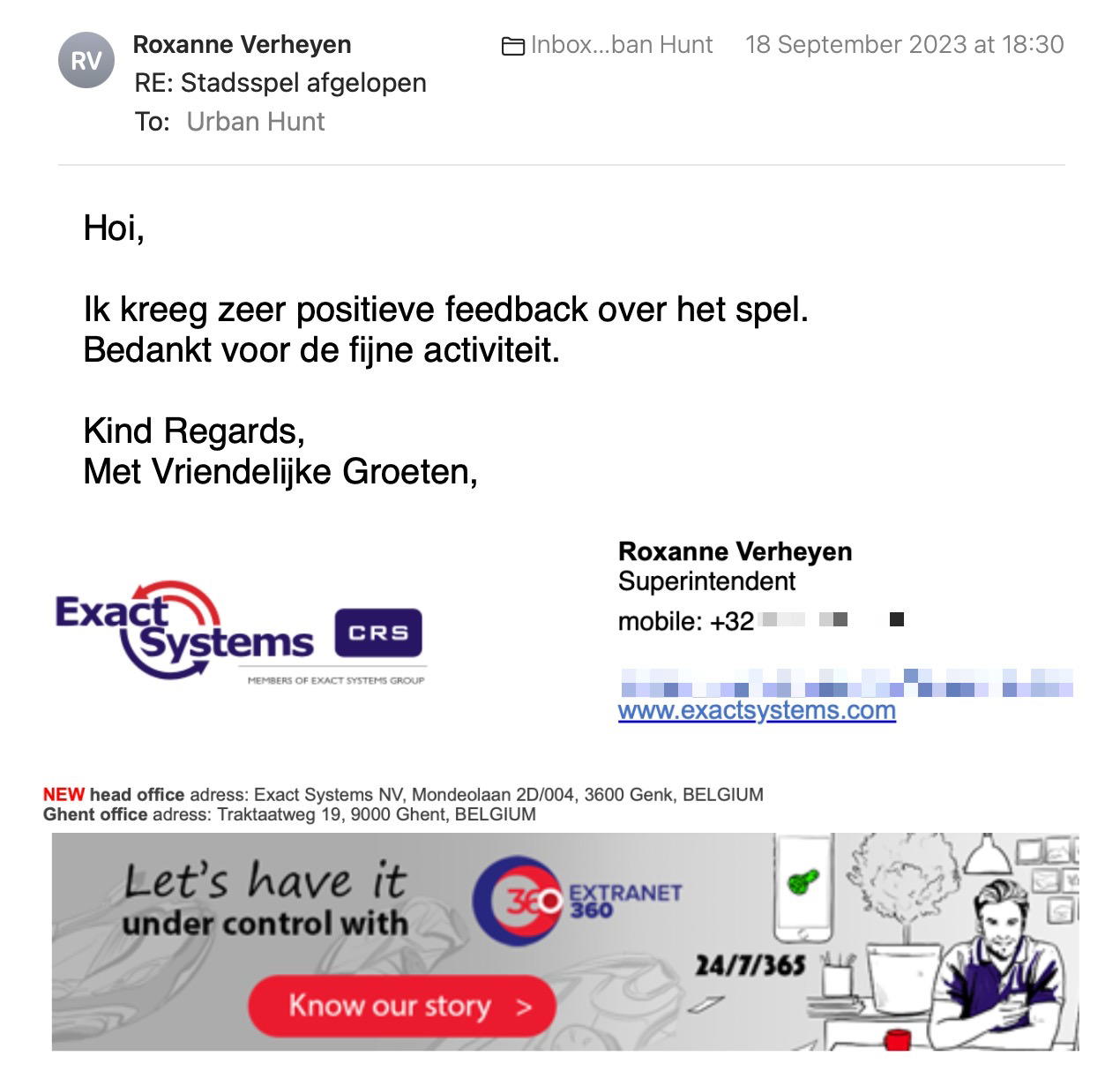 Een reactie over het stadsspel Urban Hunt van Roxanne Verheyen: Ik kreeg zeer positive feedback over het spel
Bedankt voor de fine activiteit.