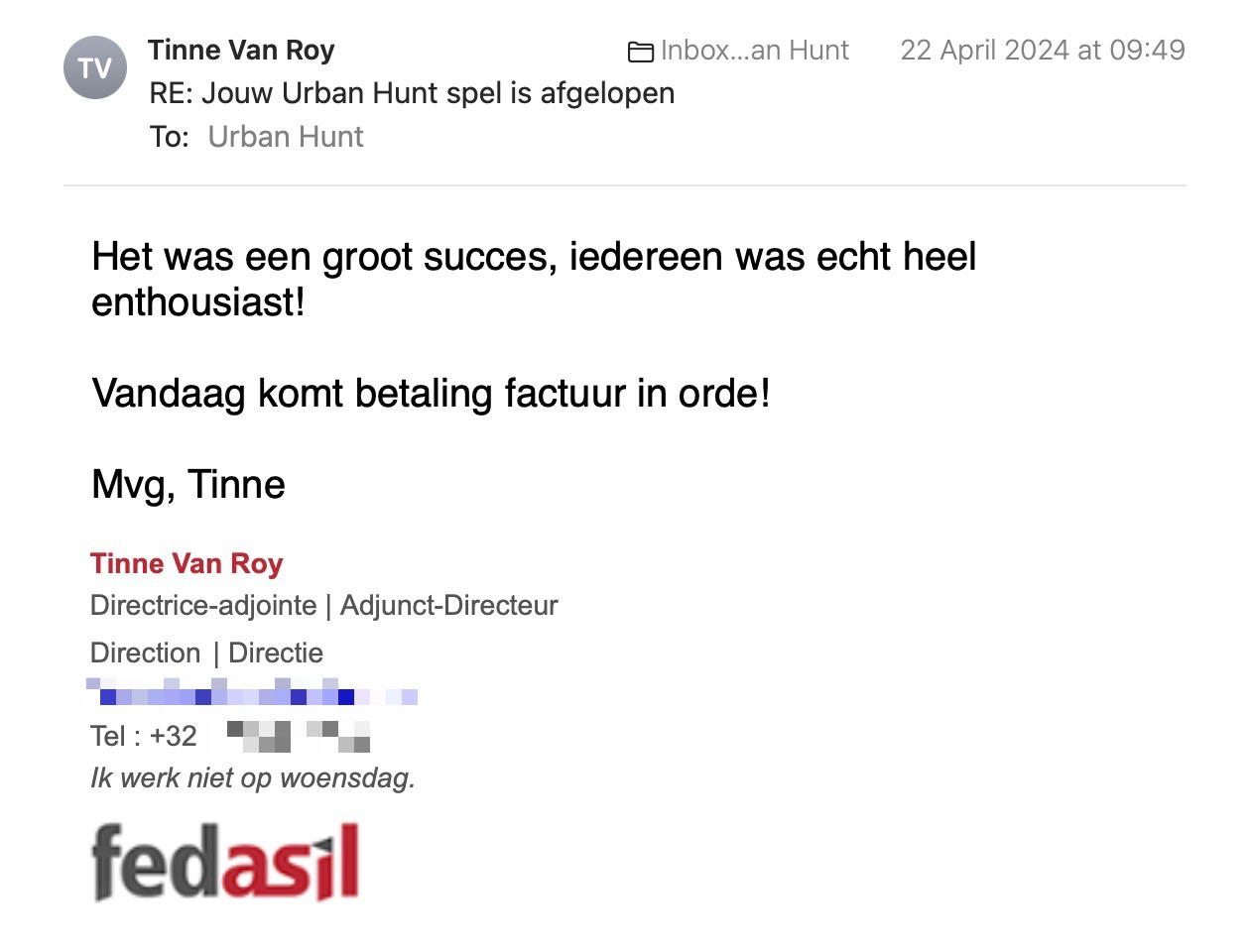 Een reactie over het stadsspel Urban Hunt van  Tinne Van Roy: Het was een groot succes, iedereen was echt heel enthousiast!