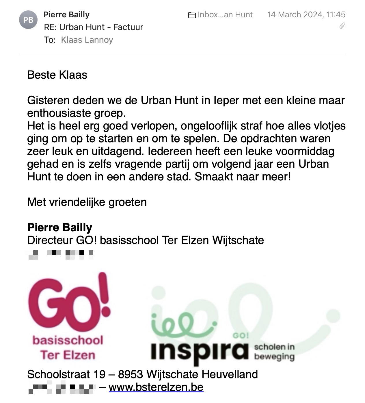 Een reactie over het stadsspel Urban Hunt van Pierre Bailly: Gisteren deden we de Urban Hunt in Ieper met een kleine maar enthousiaste groep.
Het is heel erg goed verlopen, ongelooflijk straf hoe alles vlotjes ging om op te starten en om te spelen. De opdrachten waren zeer leuk en uitdagend. Iedereen heeft een leuke voormiddag gehad en is zelfs vragende partij om volgend jaar een Urban Hunt te doen in een andere stad. Smaakt naar meer!