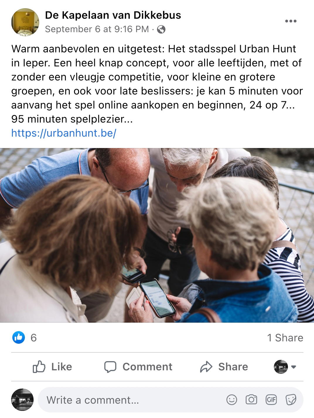 Een reactie over het stadsspel Urban Hunt van De kapelaan van Dikkebus: Warm aanbevolen en uitgetest: Het stadsspel Urban Hunt in Ieper. Een heel knap concept, voor alle leeftijden, met of zonder een vleugje competitie, voor kleine en grotere groepen, en ook voor late beslissers: je kan 5 minuten voor aanvang het spel online aankopen en beginnen, 24 op 7... 95 minuten spelplezier...