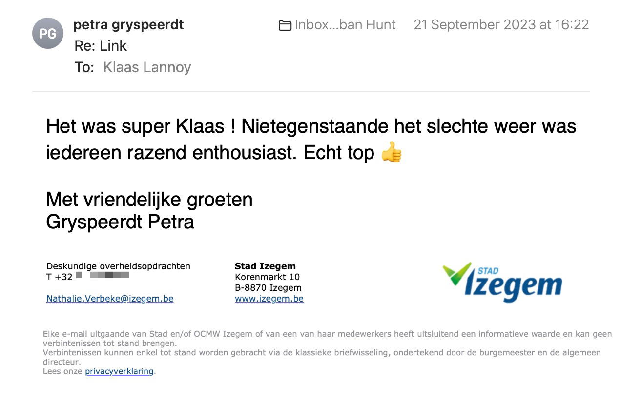 Een reactie over het stadsspel Urban Hunt van Petra Gryspeerdt: Het was super Klaas ! Nietegenstaande het slechte weer was iedereen razend enthusiast. Echt top.